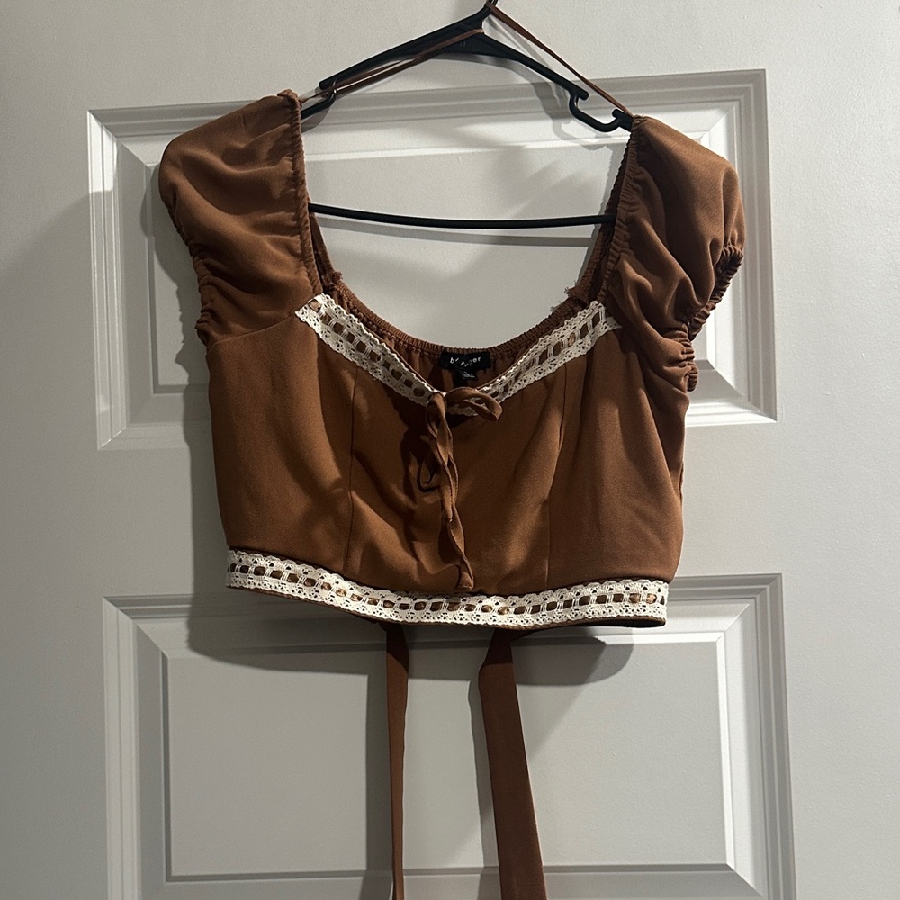 Blu Pepper Brown Lace Trim Crop Top w/ High Waste Skirt